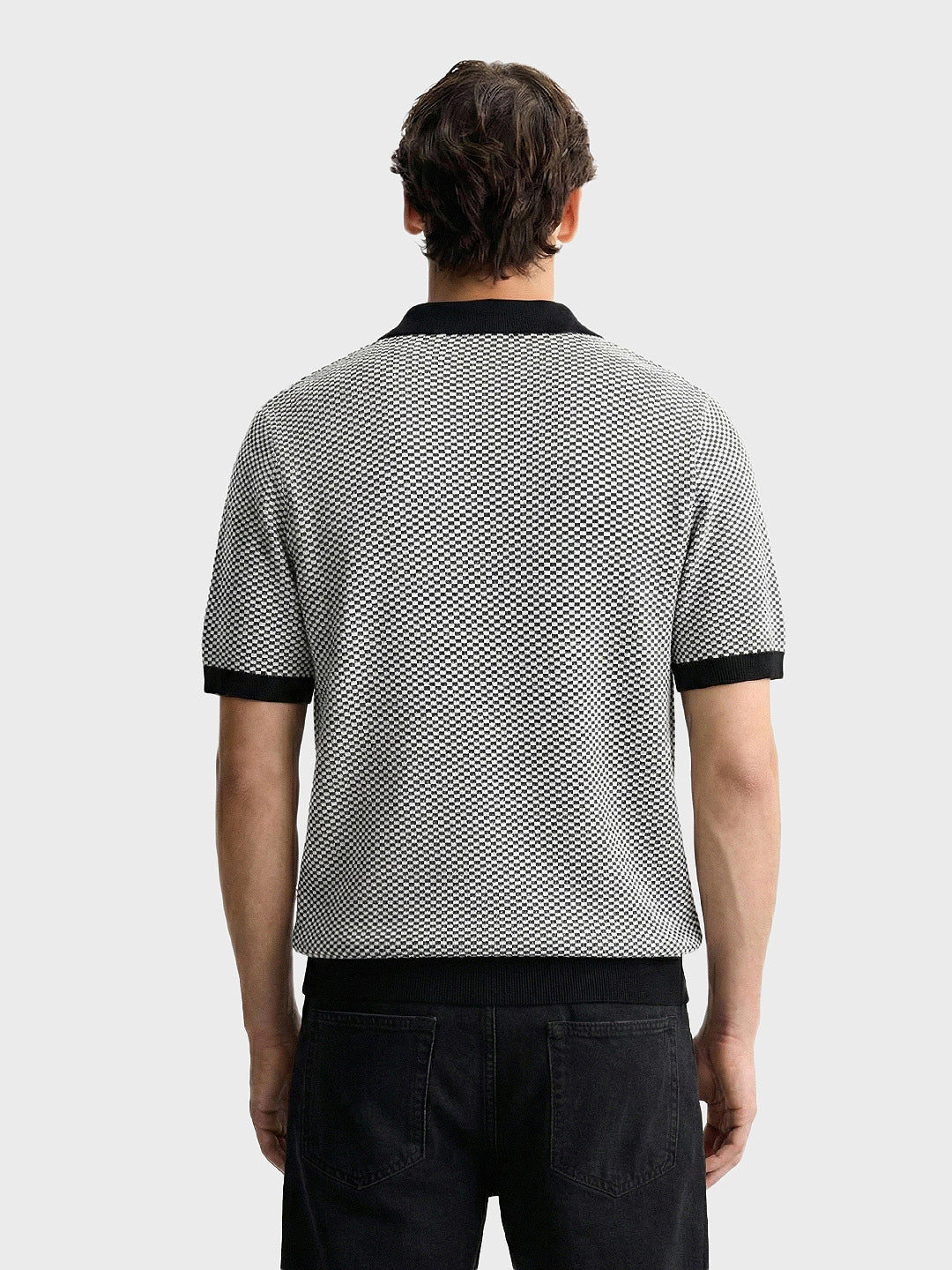 Men's Grey Slim Fit Textured Flat Knit Polo Collar T-Shirt