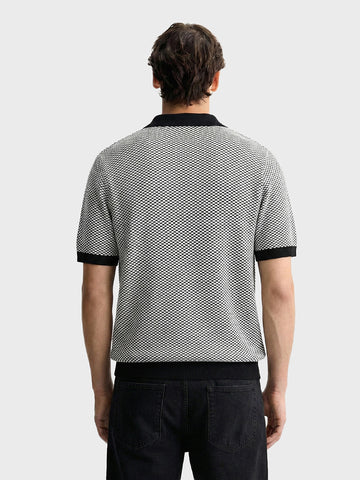 Men's Grey Slim Fit Textured Flat Knit Polo Collar T-Shirt
