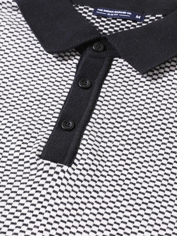 Men's Grey Slim Fit Textured Flat Knit Polo Collar T-Shirt