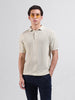 Men's Cream Slim Fit Textured Flat Knit Polo Collar T-Shirt