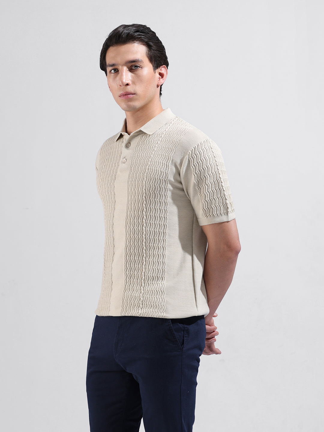 Men's Cream Slim Fit Textured Flat Knit Polo Collar T-Shirt