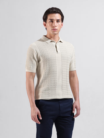 Men's Cream Slim Fit Textured Flat Knit Polo Collar T-Shirt