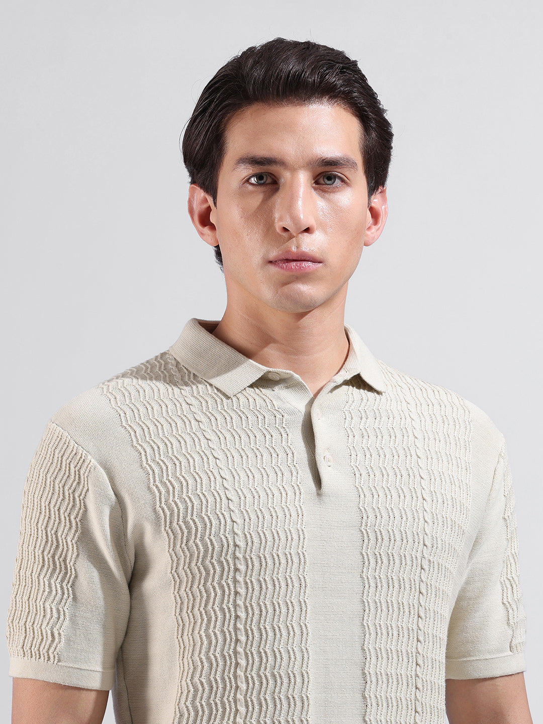 Men's Cream Slim Fit Textured Flat Knit Polo Collar T-Shirt