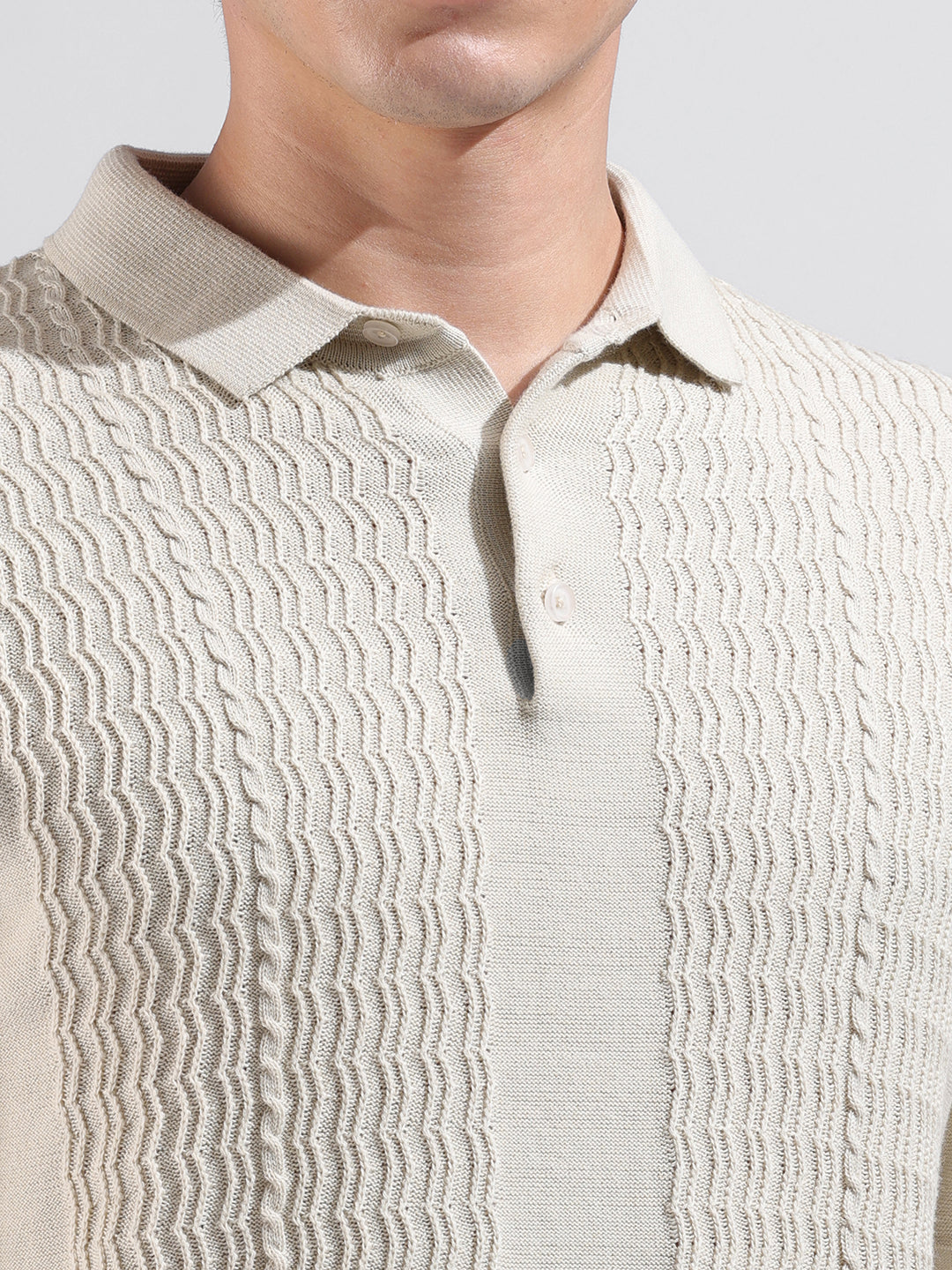 Men's Cream Slim Fit Textured Flat Knit Polo Collar T-Shirt