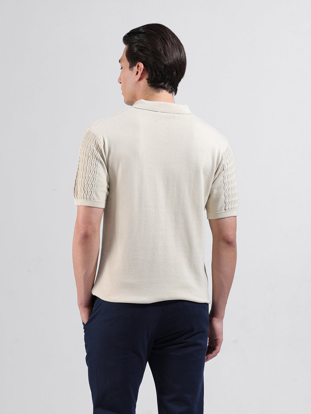 Men's Cream Slim Fit Textured Flat Knit Polo Collar T-Shirt