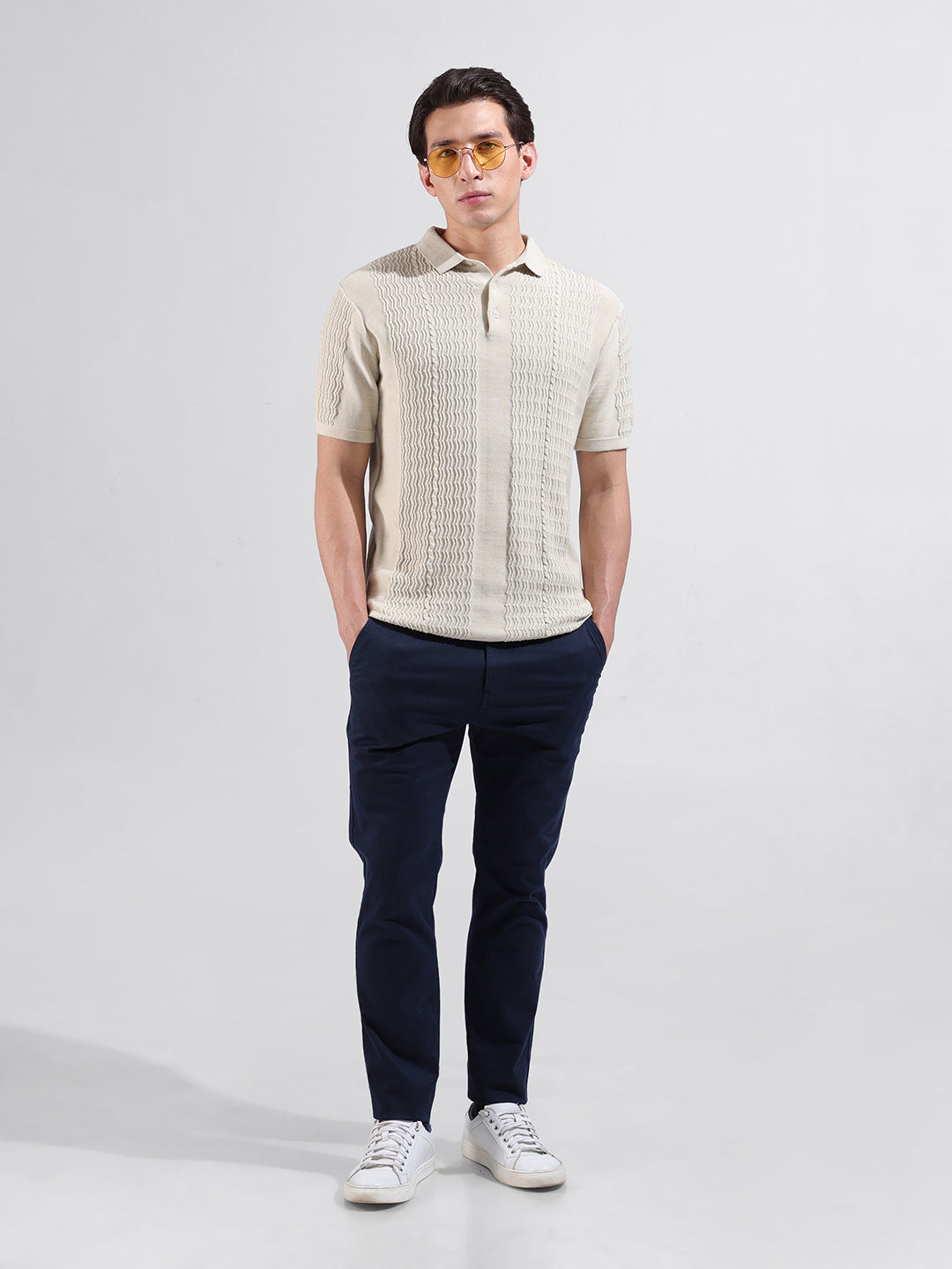 Men's Cream Slim Fit Textured Flat Knit Polo Collar T-Shirt
