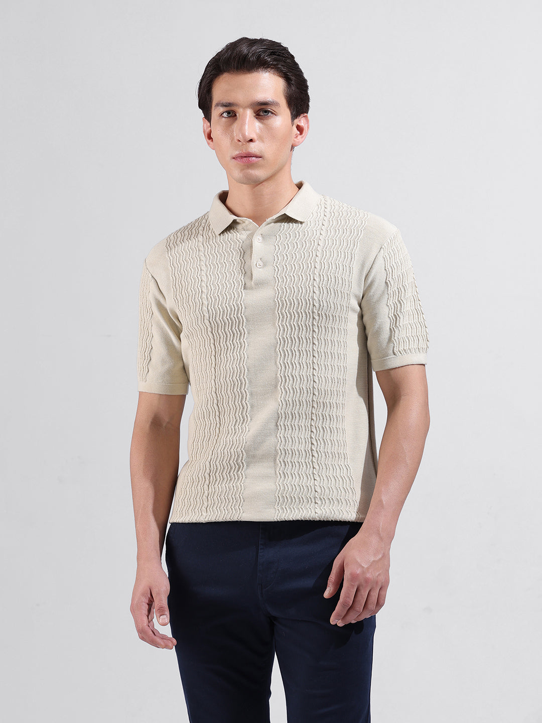 Men's Cream Slim Fit Textured Flat Knit Polo Collar T-Shirt