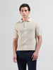 Men's Cream Slim Fit Textured Flat Knit Polo Collar T-Shirt