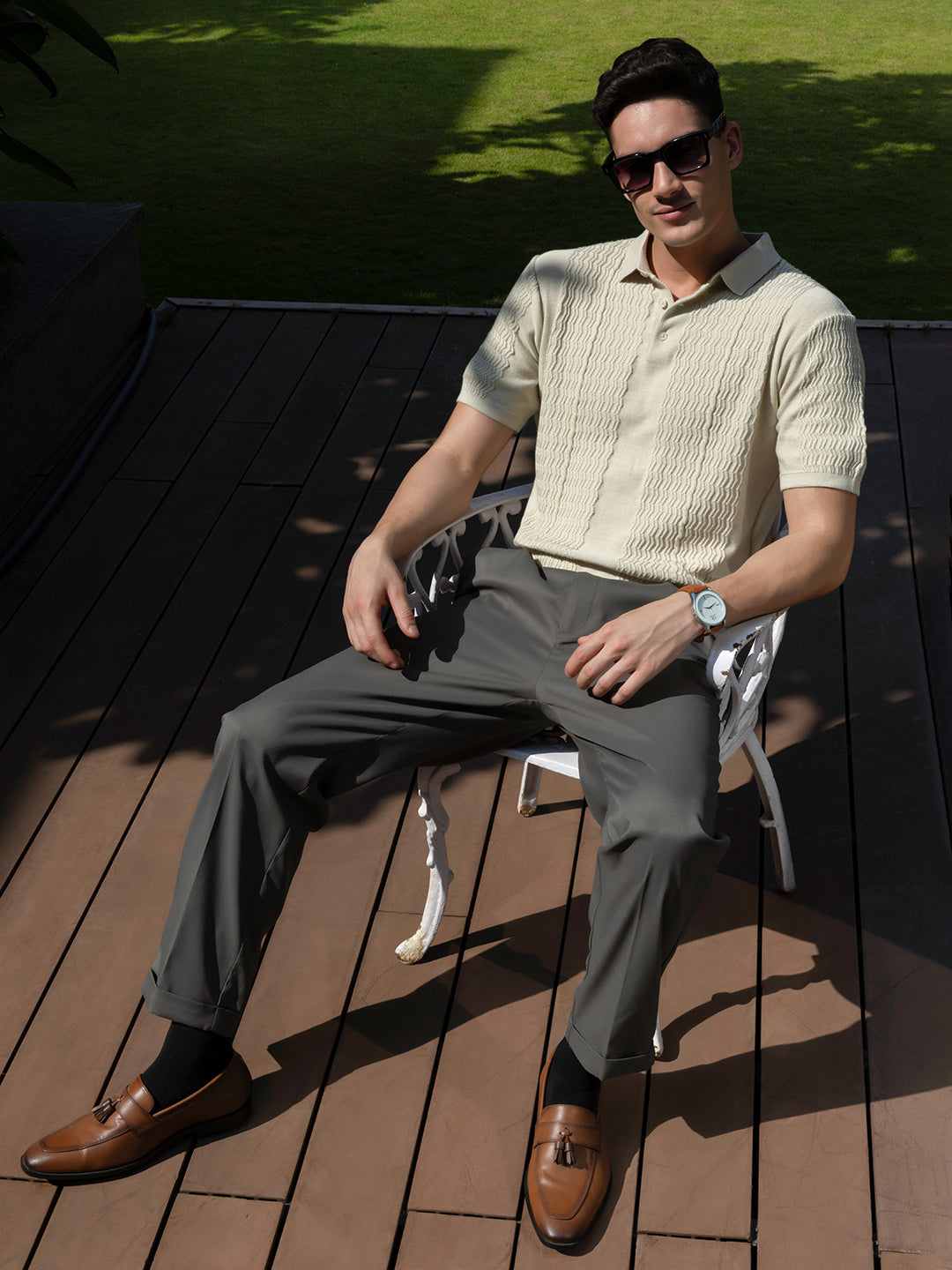 Men's Cream Slim Fit Textured Flat Knit Polo Collar T-Shirt