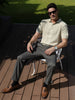 Men's Cream Slim Fit Textured Flat Knit Polo Collar T-Shirt