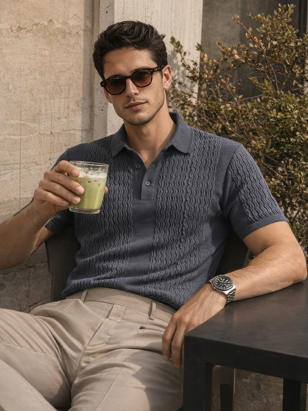 Men's Grey Slim Fit Textured Flat Knit Polo Collar T-Shirt