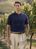 Men's Blue Slim Fit Textured Flat Knit Polo Collar T-Shirt