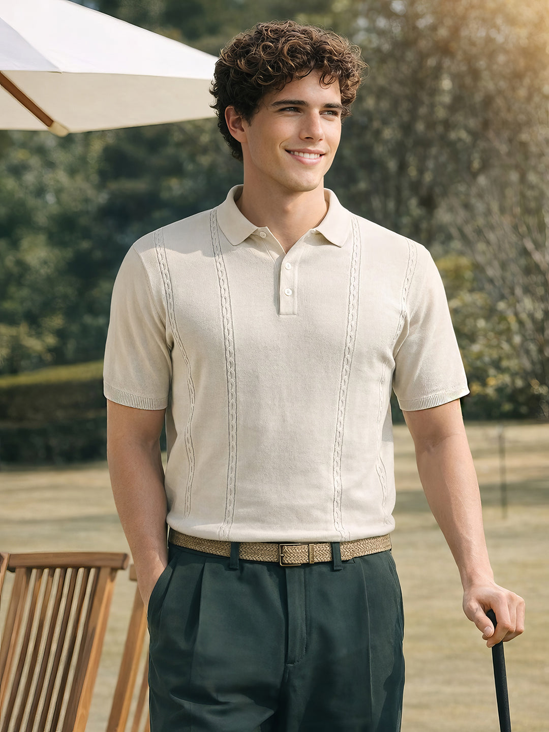 Men's Cream Slim Fit Textured Flat Knit Polo Collar T-Shirt