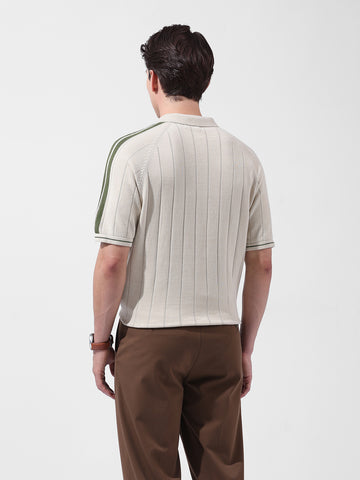 Men's Cream Slim Fit Textured Flat Knit Polo Collar T-Shirt
