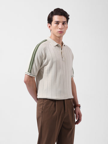 Men's Cream Slim Fit Textured Flat Knit Polo Collar T-Shirt