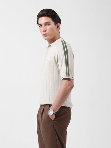 Men's Cream Slim Fit Textured Flat Knit Polo Collar T-Shirt
