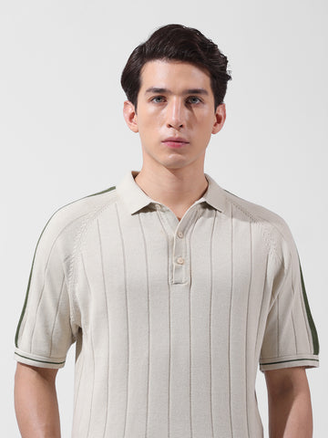 Men's Cream Slim Fit Textured Flat Knit Polo Collar T-Shirt