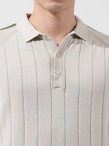 Men's Cream Slim Fit Textured Flat Knit Polo Collar T-Shirt