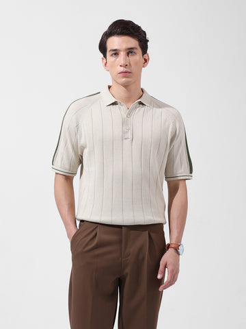 Men's Cream Slim Fit Textured Flat Knit Polo Collar T-Shirt