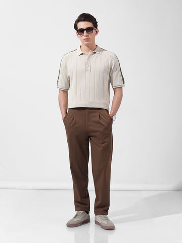 Men's Cream Slim Fit Textured Flat Knit Polo Collar T-Shirt