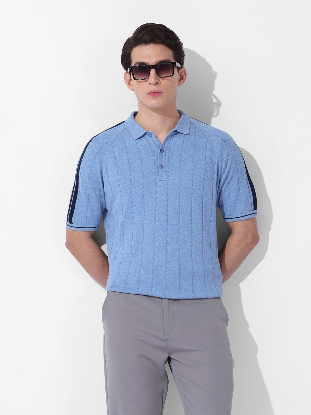 Men's Blue Slim Fit Textured Flat Knit Polo Collar T-Shirt