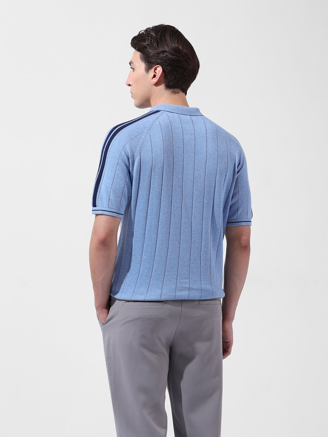 Men's Blue Slim Fit Textured Flat Knit Polo Collar T-Shirt