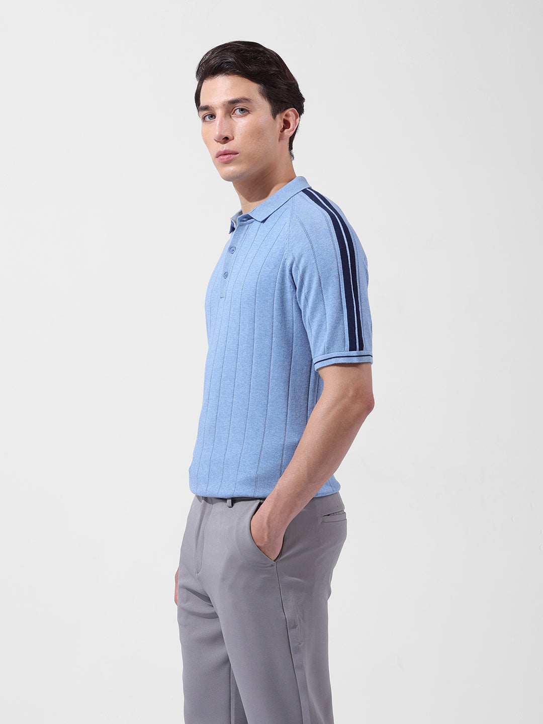 Men's Blue Slim Fit Textured Flat Knit Polo Collar T-Shirt