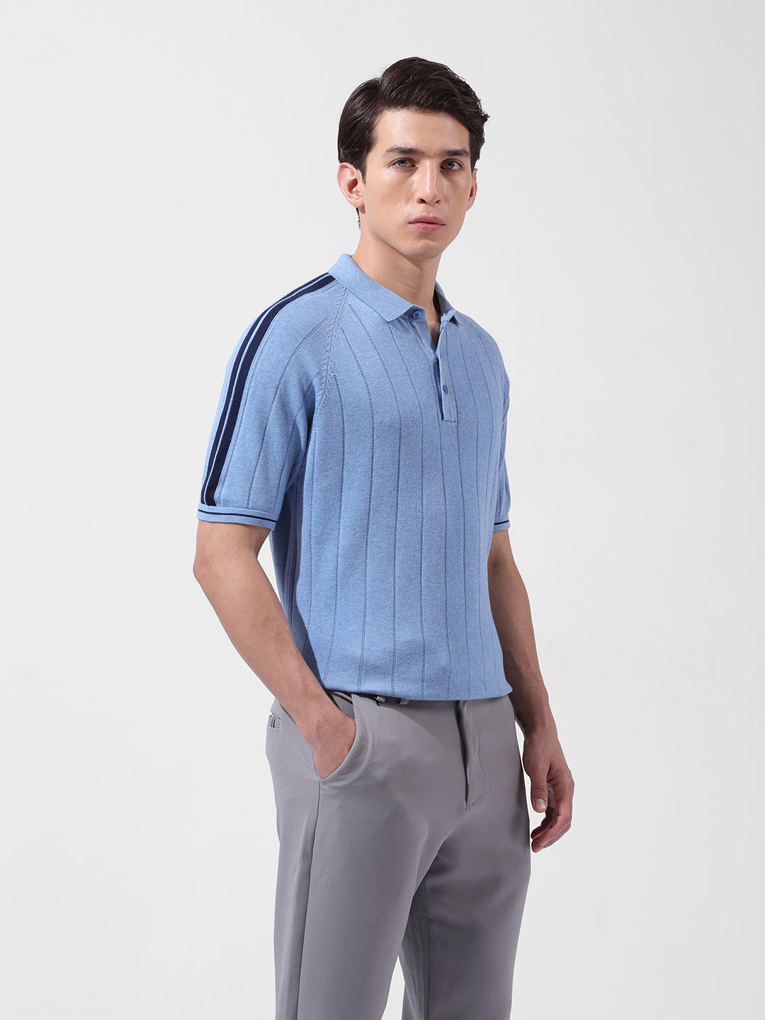 Men's Blue Slim Fit Textured Flat Knit Polo Collar T-Shirt