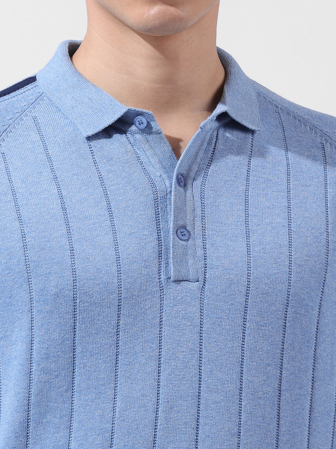 Men's Blue Slim Fit Textured Flat Knit Polo Collar T-Shirt