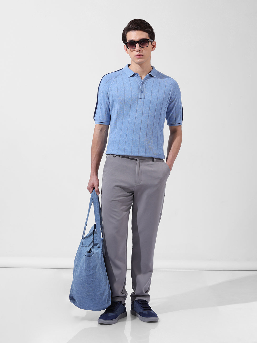 Men's Blue Slim Fit Textured Flat Knit Polo Collar T-Shirt