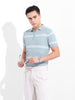 Men's Blue Slim Fit Textured Flat Knit Polo Collar T-Shirt