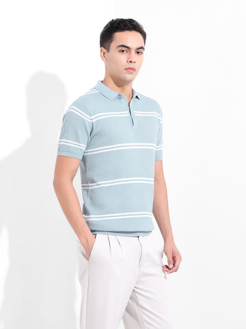 Men's Blue Slim Fit Textured Flat Knit Polo Collar T-Shirt