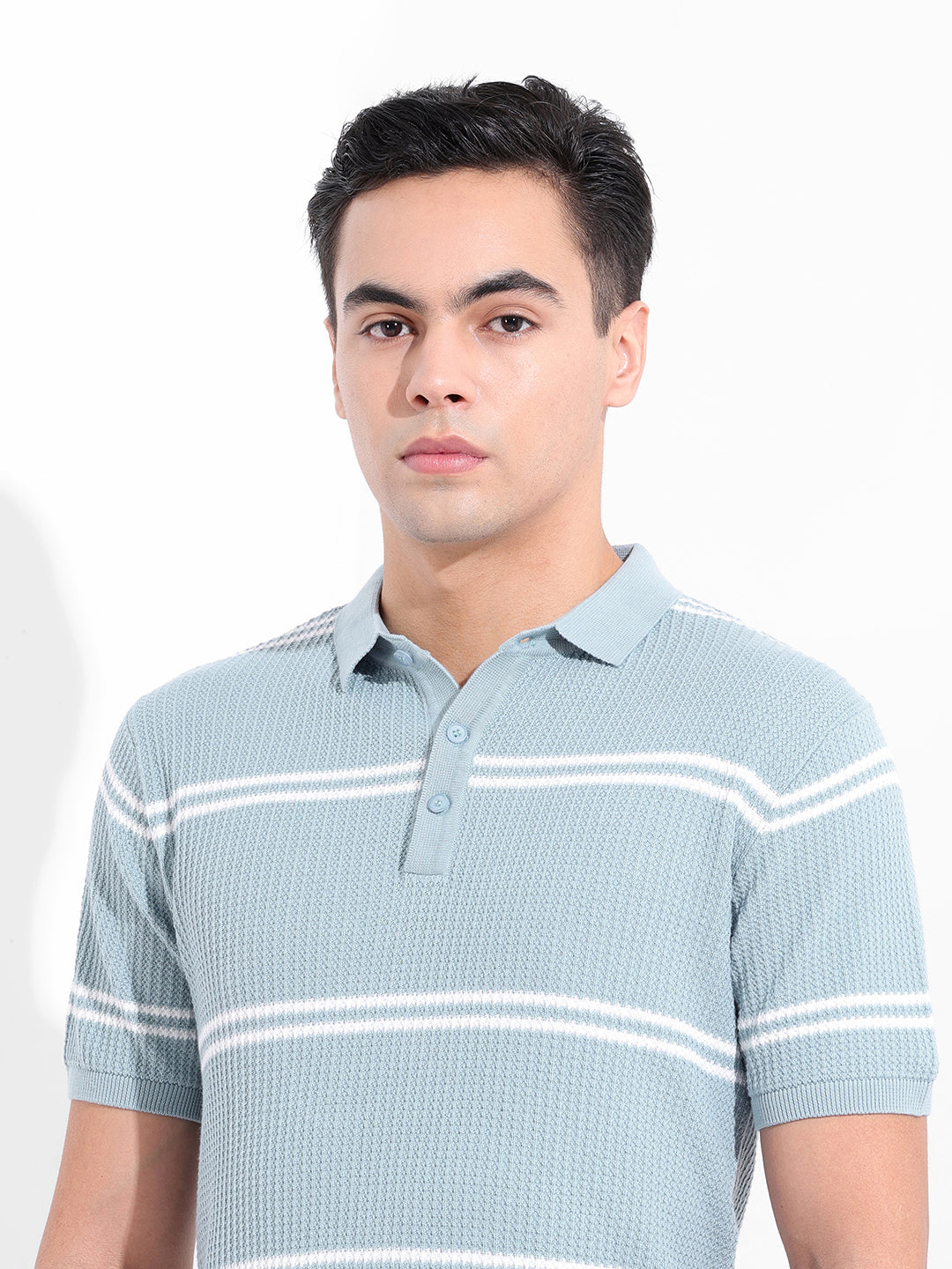 Men's Blue Slim Fit Textured Flat Knit Polo Collar T-Shirt