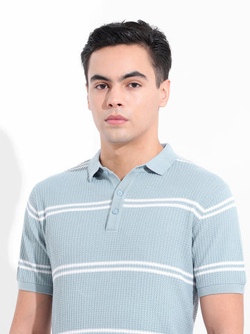 Men's Blue Slim Fit Textured Flat Knit Polo Collar T-Shirt