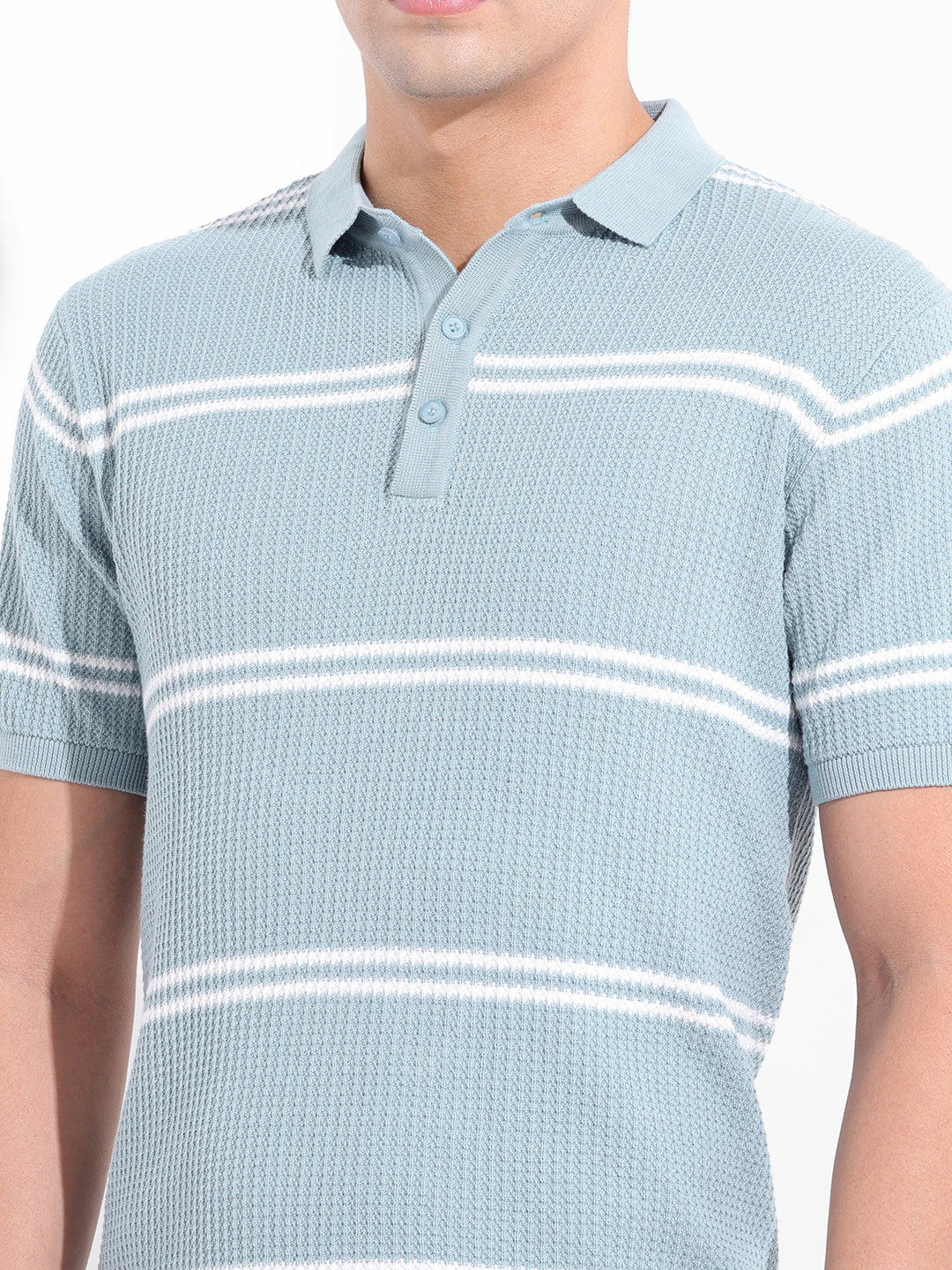 Men's Blue Slim Fit Textured Flat Knit Polo Collar T-Shirt