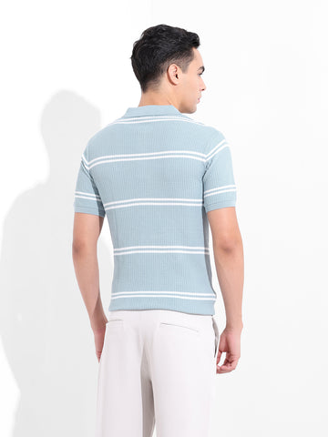 Men's Blue Slim Fit Textured Flat Knit Polo Collar T-Shirt