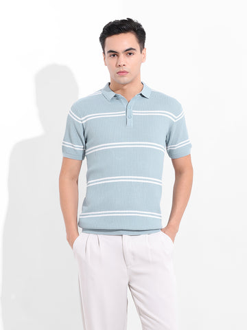 Men's Blue Slim Fit Textured Flat Knit Polo Collar T-Shirt