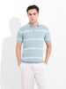 Men's Blue Slim Fit Textured Flat Knit Polo Collar T-Shirt