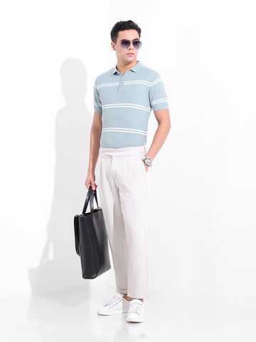 Men's Blue Slim Fit Textured Flat Knit Polo Collar T-Shirt