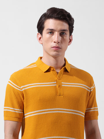Men's Orange Slim Fit Textured Flat Knit Polo Collar T-Shirt
