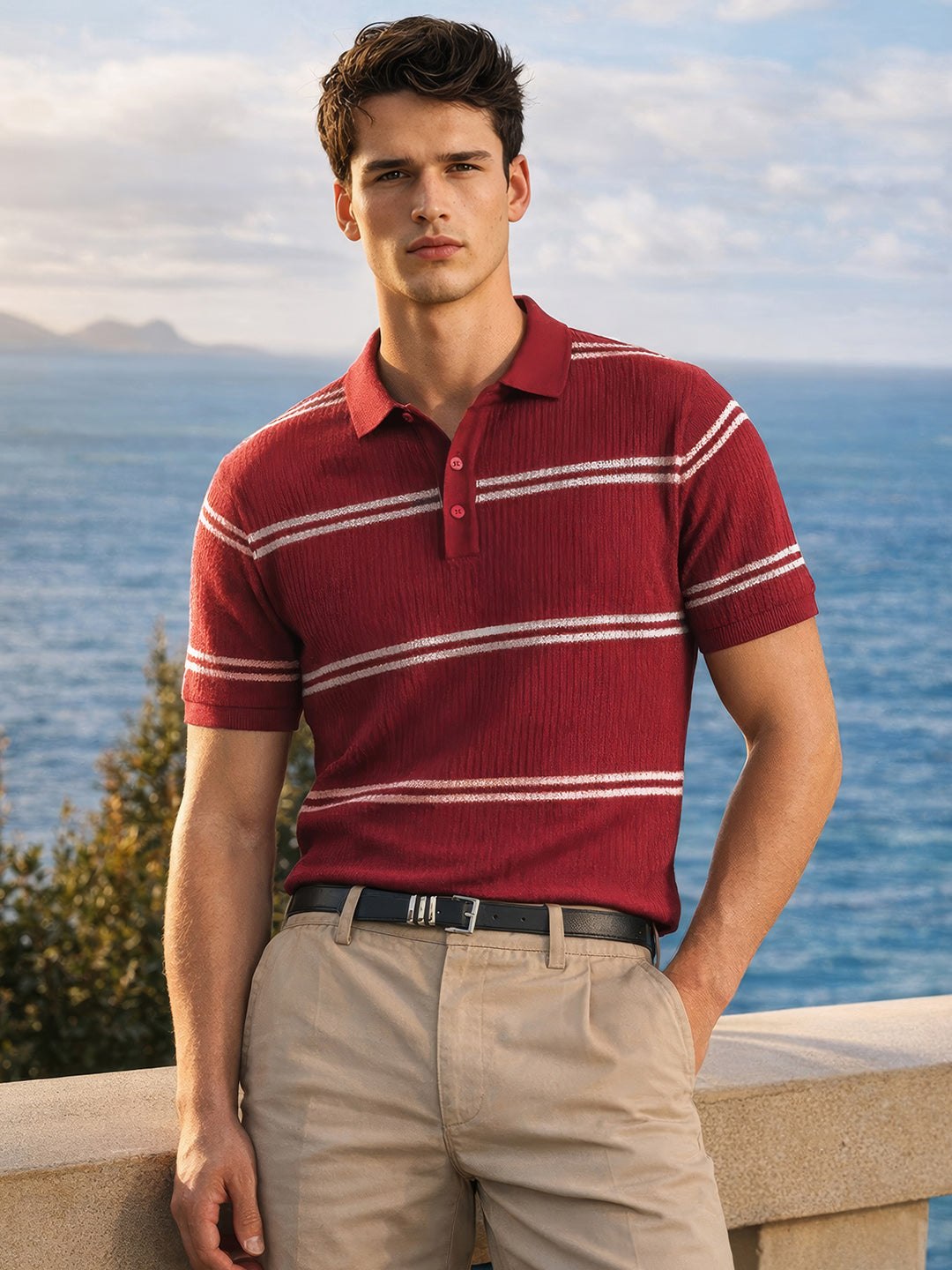Men's Maroon Slim Fit Textured Flat Knit Polo Collar T-Shirt
