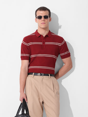 Men's Maroon Slim Fit Textured Flat Knit Polo Collar T-Shirt