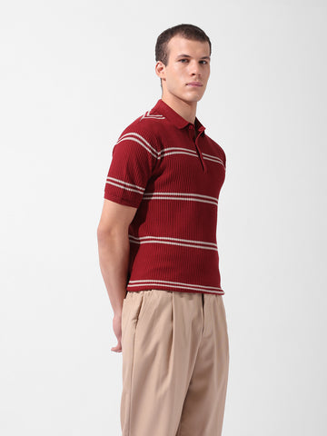 Men's Maroon Slim Fit Textured Flat Knit Polo Collar T-Shirt