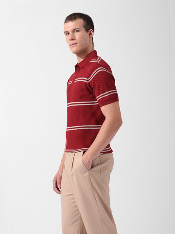 Men's Maroon Slim Fit Textured Flat Knit Polo Collar T-Shirt