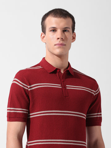 Men's Maroon Slim Fit Textured Flat Knit Polo Collar T-Shirt