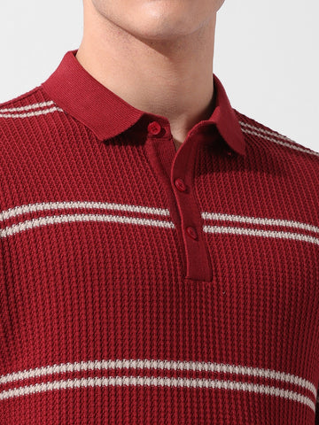 Men's Maroon Slim Fit Textured Flat Knit Polo Collar T-Shirt