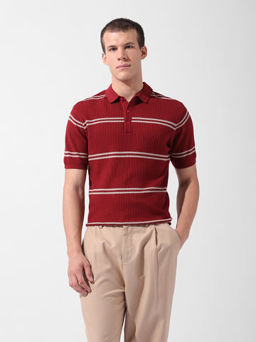 Men's Maroon Slim Fit Textured Flat Knit Polo Collar T-Shirt