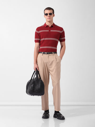 Men's Maroon Slim Fit Textured Flat Knit Polo Collar T-Shirt