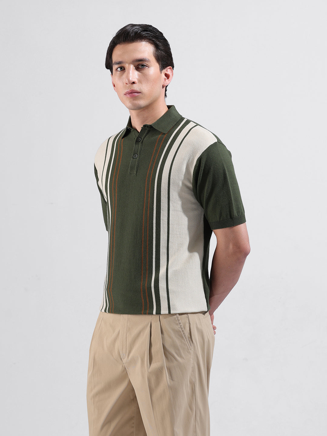 Men's Green Slim Fit Textured Flat Knit Polo Collar T-Shirt