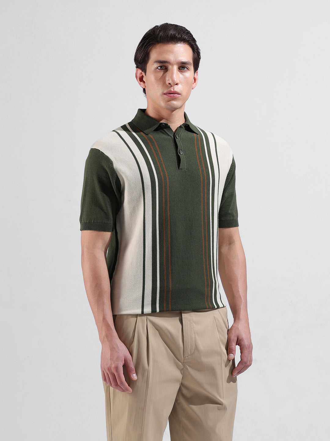 Men's Green Slim Fit Textured Flat Knit Polo Collar T-Shirt
